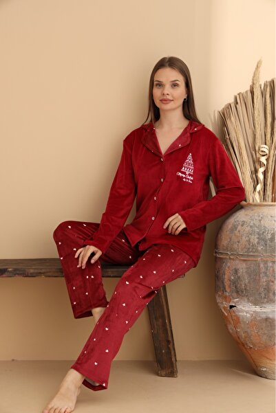 ELİTOL Velvet Merry Tree Buttoned Women's Pajama Set
