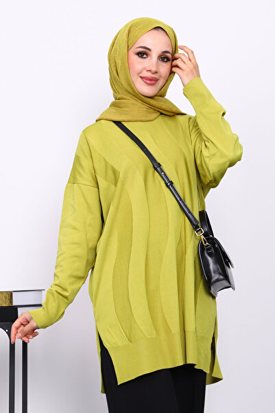 İmajButik Oil Green Crew Neck Cold Thread Knitwear Tunic