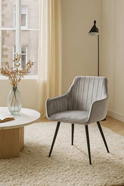 MARIA HOMES Modern Light Grey Velvet Armchair – Fabric Dining & Office Accent...