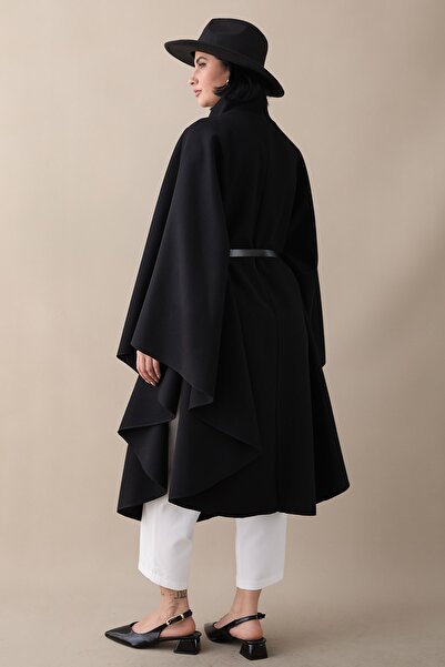 InStyle Belted Black Long Poncho
