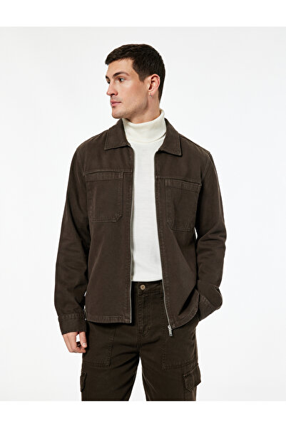 Koton Regular Fit Classic Collar Pocketed Cotton Zipper Shirt Jacket