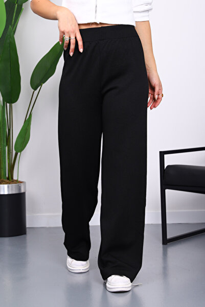 İmajButik Black High Waist Corded Fabric Wide Leg Knitwear Trousers
