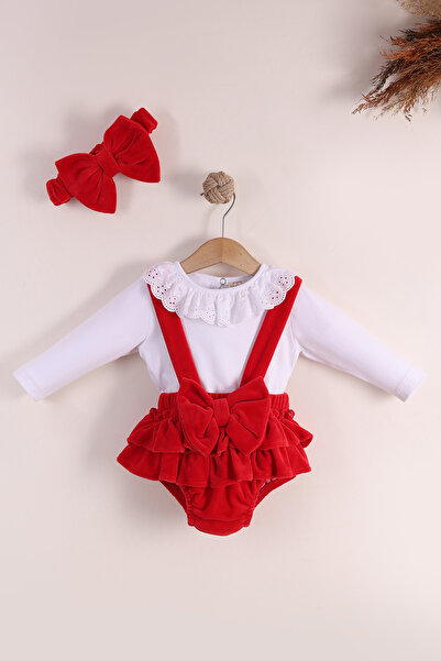 Serkon BABY Baby Girl Velvet Romper Jumpsuit with Bow Tie Detail 3 Pieces Special Day New Year Concept Red Love
