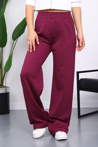 İmajButik Plum High Waist Corded Fabric Wide Leg Knitwear Trousers