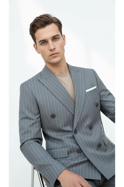 Plus Scorpion Gray Striped Men's Double-Breasted Blazer Jacket – Italian Cut, Stylish and Modern Style