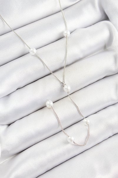 Acousticworld Y Model Silver Color Women's Necklace with Rice Pearl Figure