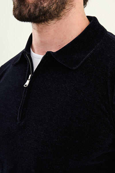 Mcr Plain Slim Fit Zipper Polo Neck Chenille Fabric Men's Knitwear Navy Blue - 11576.25K