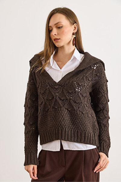 Olalook Women's Brown Polo Neck Openwork Detailed Knitwear Sweater Kzk-19001057