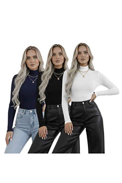 hashtag Kadın Balıkçı Yaka Uzun Kollu Body – Basic Düz Model 3'lü Paket