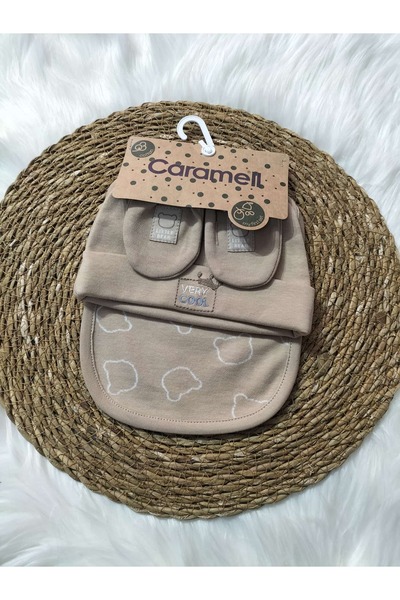 mayakids Baby Caramel Baby Bear Patterned Brown Gloves Hat Apron Set