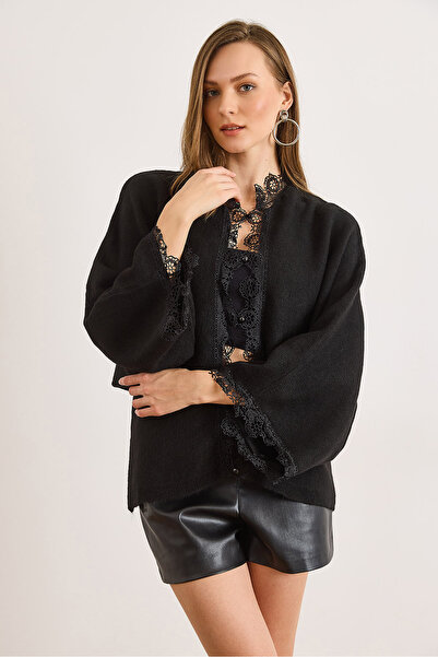 Olalook Women's Black 2 Ways Wearable Lace Detailed Loose Knitwear Sweater Kzk-19001058