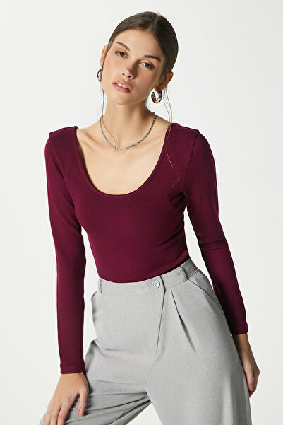 Ritnice Women's Heat Lux Touch U Neck Plum Long Sleeve Soft Blouse