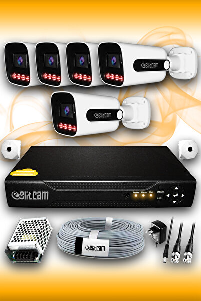 Elitcam 5 Kameralı Zebra 5 Dış Kamera Set HDD'siz 5 MP 2K Net Gece Görüşlü Gü...