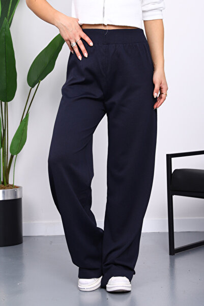 İmajButik Navy Blue High Waist Corded Fabric Wide Leg Knitwear Trousers