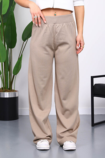 İmajButik Mink High Waist Corded Fabric Wide Leg Knitwear Trousers