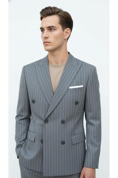 Plus Scorpion Gray Striped Men's Double-Breasted Blazer Jacket – Italian Cut, Stylish and Modern Style