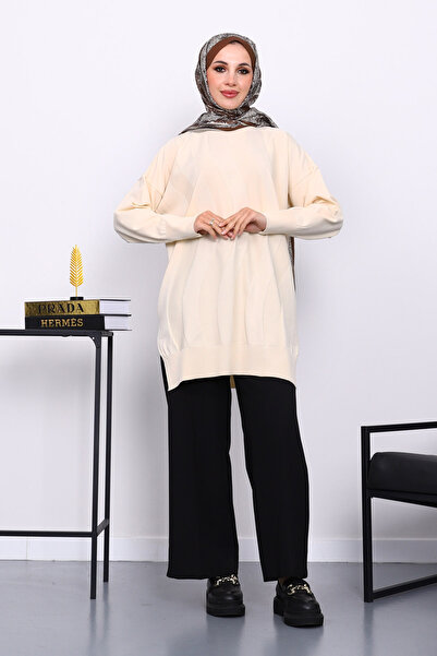 İmajButik Cream Crew Neck Cold Thread Knitwear Tunic