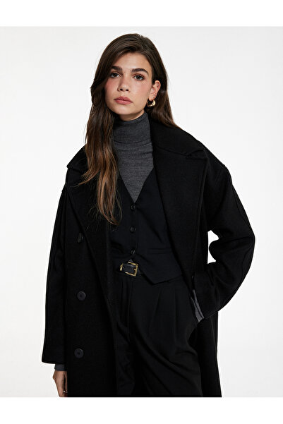 Koton Long Sleeve Pocketed Double-Breasted Belted Buttoned Long Cashmere Coat