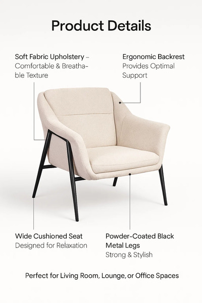 MARIA HOMES Modern Beige Upholstered Armchair with Metal Legs – Elegant Accent Chair for Living Room Office