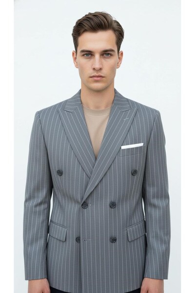Plus Scorpion Gray Striped Men's Double-Breasted Blazer Jacket – Italian Cut, Stylish and Modern Style
