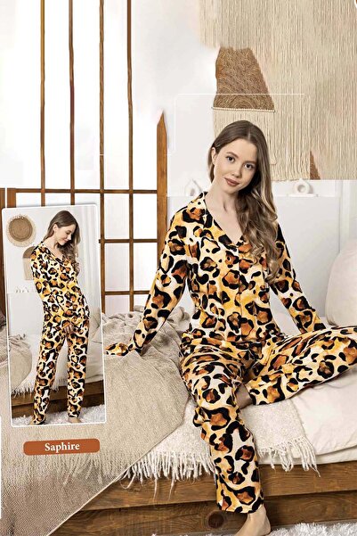 REMSA Women's Leopard Pattern Buttoned Saphire Pajama Set 0336 Leopard