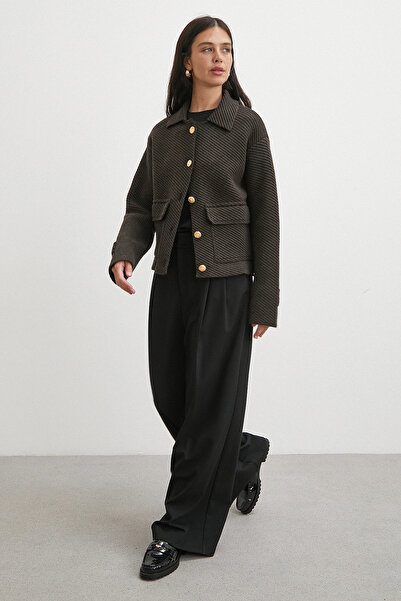 Never more Polo Collar Pocketed Gold Buttoned Jacket Brown