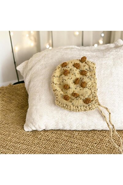 The Cloudish Shop Hand Knitted Laura Lora Baby Beanie - Hat Bonnet 0-2 Years Pompom Coffee Cream