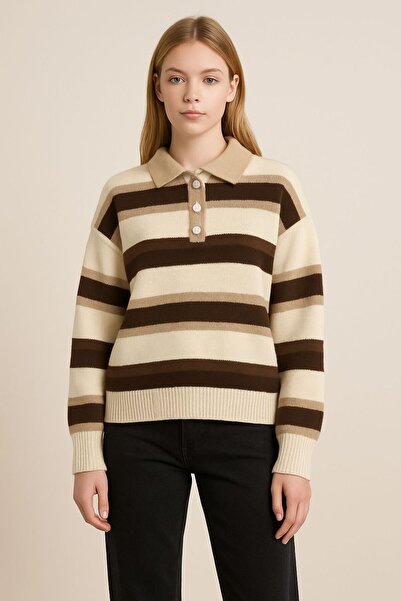 Sfg Life Moda Striped Buttoned Polo Neck Women's Knitwear Sweater