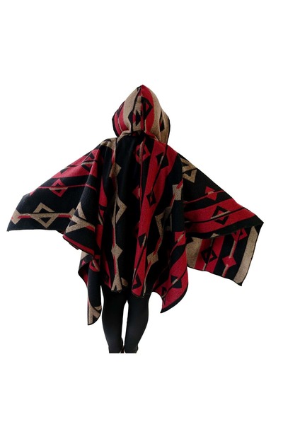 Exve Exclusive Red Beige Black Ethnic Design Patterned Woolen Warm Hooded Unisex Camper Poncho Winter Shawl