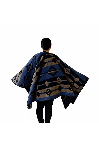 Exve Exclusive Blue Beige Black Ethnic Patterned Anti-Pilling Wool Warm Unisex Camper Poncho Winter Shawl