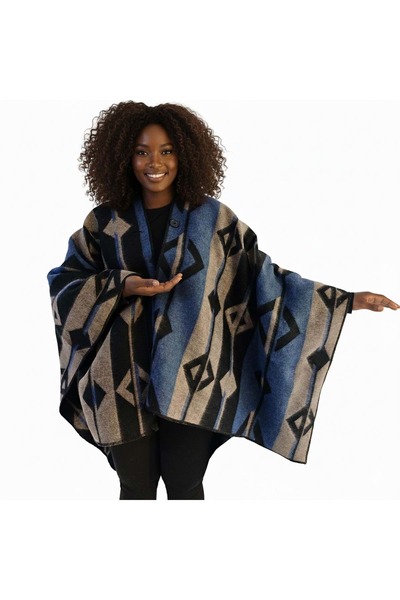 Exve Exclusive Blue Beige Black Ethnic Design Patterned Anti-Pilling Wool Warm Unisex Camper Poncho Winter Shawl