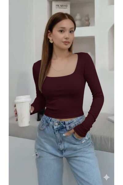 snow basic Likralı Ribana Kare Yaka Bluz