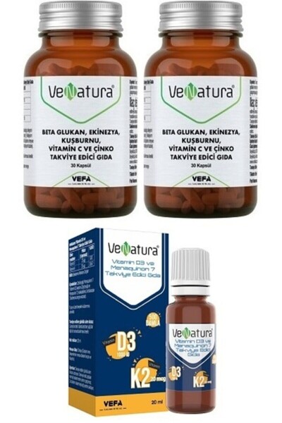 VeNatura Beta Glukan, 30 Kapsül*2 Adet+d3k2 20 Ml Damla(vitamin D 25 Mg-vitam...