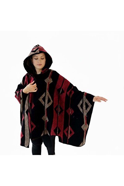 Exve Exclusive Red Beige Black Ethnic Design Patterned Woolen Warm Hooded Unisex Camper Poncho Winter Shawl