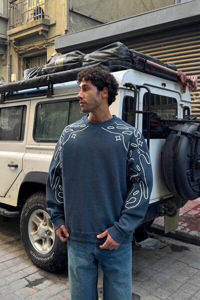 Flaw Wear Stars Kol Baskılı Sweatshirt İndigo