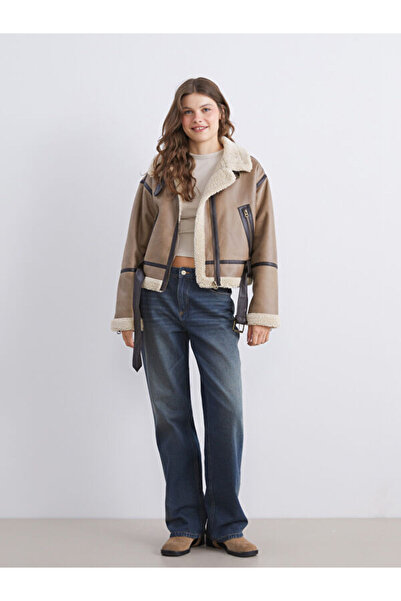 LC Waikiki Fur Collar Oversized Women's Suede Coat