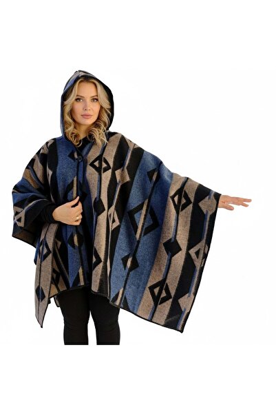 Exve Exclusive Blue Beige Black Ethnic Design Patterned Woolen Warm Hooded Unisex Camper Poncho Winter Shawl