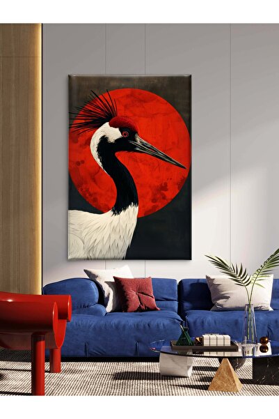 ESLEM Kırmızı Güneş Turna Kuşu Kanvas Tablo – Kaliteli Baskı Japon Minimalist Tarz Dekoratif Tablo