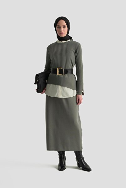 Armine TREND Asymmetrical Cut Line Detailed Skirted Knitwear Two-Piece Set Gray 25Ytd6119