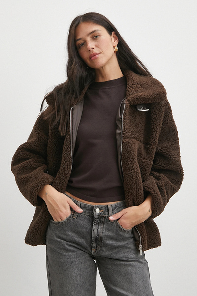 Never more Plush Coat with Collar Detail Brown