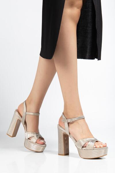 ALTIN TOPUK Gold Glitter Platform Heeled Evening Dress Shoes