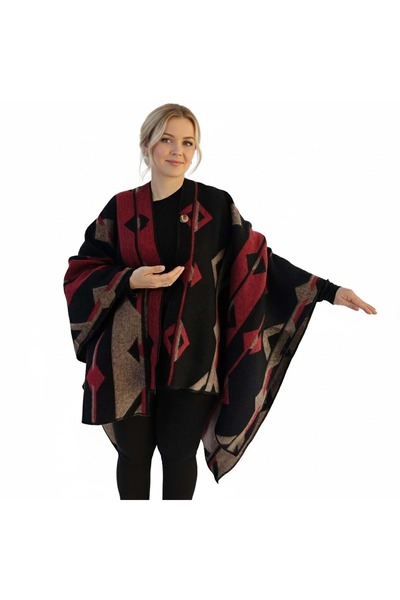 Exve Exclusive Red Beige Black Ethnic Design Patterned Anti-Pilling Wool Warm Unisex Camper Poncho Winter Shawl