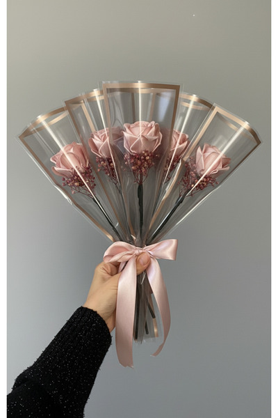 Buketim Seninle 5 Adet Tekli Pudra Pembe Solmayan Saten Gül, Hediyelik Çiçek