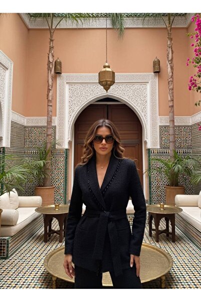 Siseniorita Women's Suit with Fitted Jacket and Wide Leg Long Trousers Made of Wool/Tweed