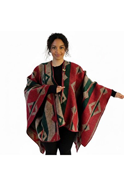 Exve Exclusive Green Beige Red Ethnic Design Patterned Anti-Pilling Wool Warm Unisex Camper Poncho Winter Shawl