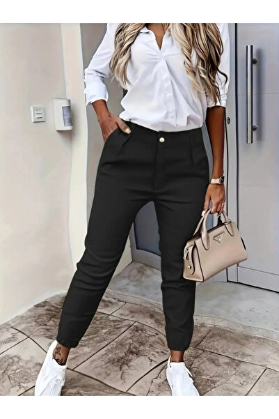 Butik Women's High Waist Front Button Pocket Wrist Rubber Detail Atlas Pants