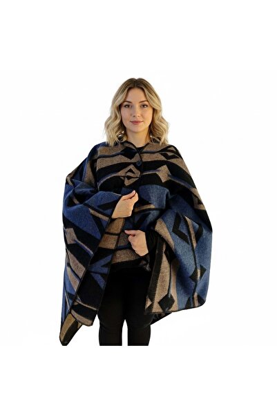 Exve Exclusive Blue Beige Black Ethnic Patterned Woolen Warm Hooded Unisex Camper Poncho Winter Shawl