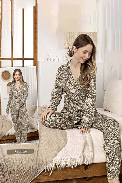 REMSA Women's Leaf Pattern Buttoned Saphire Pajama Set 0386 Green