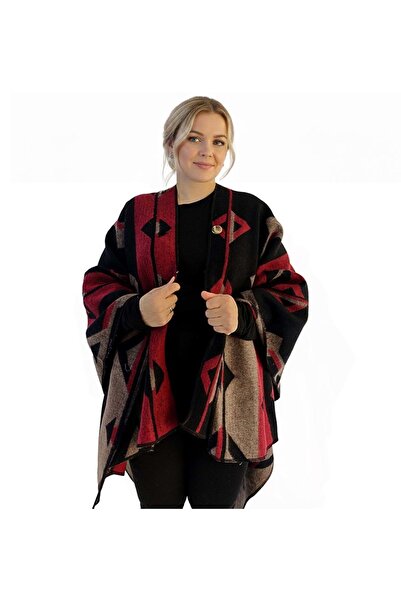 Exve Exclusive Red Beige Black Ethnic Design Patterned Anti-Pilling Wool Warm Unisex Camper Poncho Winter Shawl