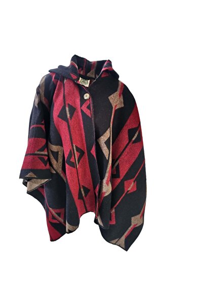 Exve Exclusive Red Beige Black Ethnic Design Patterned Woolen Warm Hooded Unisex Camper Poncho Winter Shawl